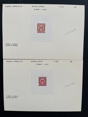 Colombia 1916 Timbre Nacional Revenue Sunken Die Proofs on Index Copy Cards x 16. Between Anyon 370-390
