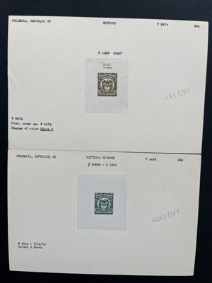 Colombia 1916 Timbre Nacional Revenue Sunken Die Proofs on Index Copy Cards x 16. Between Anyon 370-390