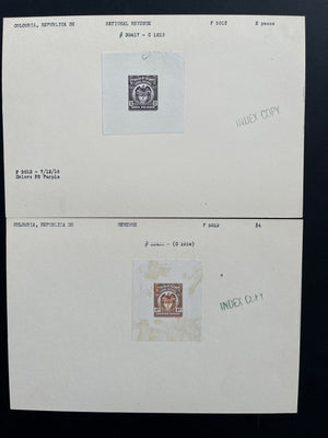 Colombia 1916 Timbre Nacional Revenue Sunken Die Proofs on Index Copy Cards x 16. Between Anyon 370-390