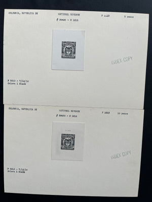 Colombia 1916 Timbre Nacional Revenue Sunken Die Proofs on Index Copy Cards x 16. Between Anyon 370-390
