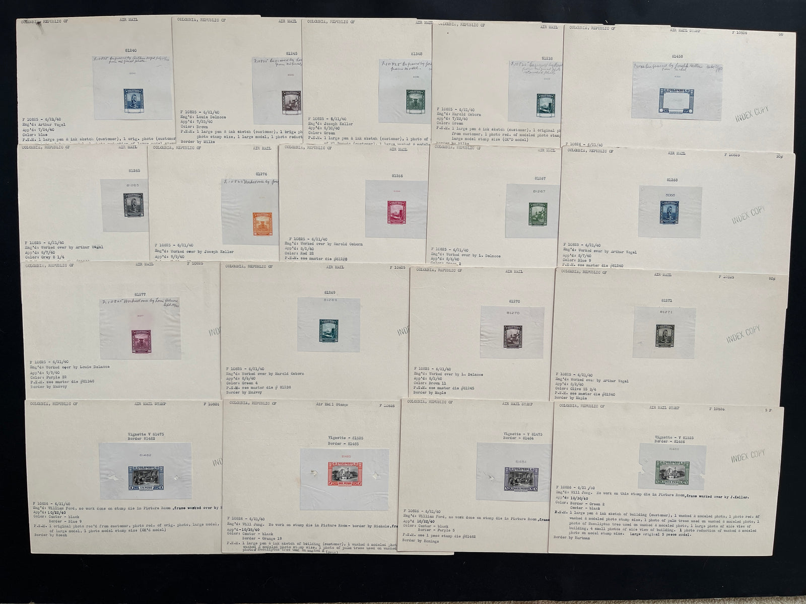 Colombia 1941 Airmail Complete Set of Index Copy Die Proofs x  13 + Progressive Die Proofs x 5. Scott C121-C133 var
