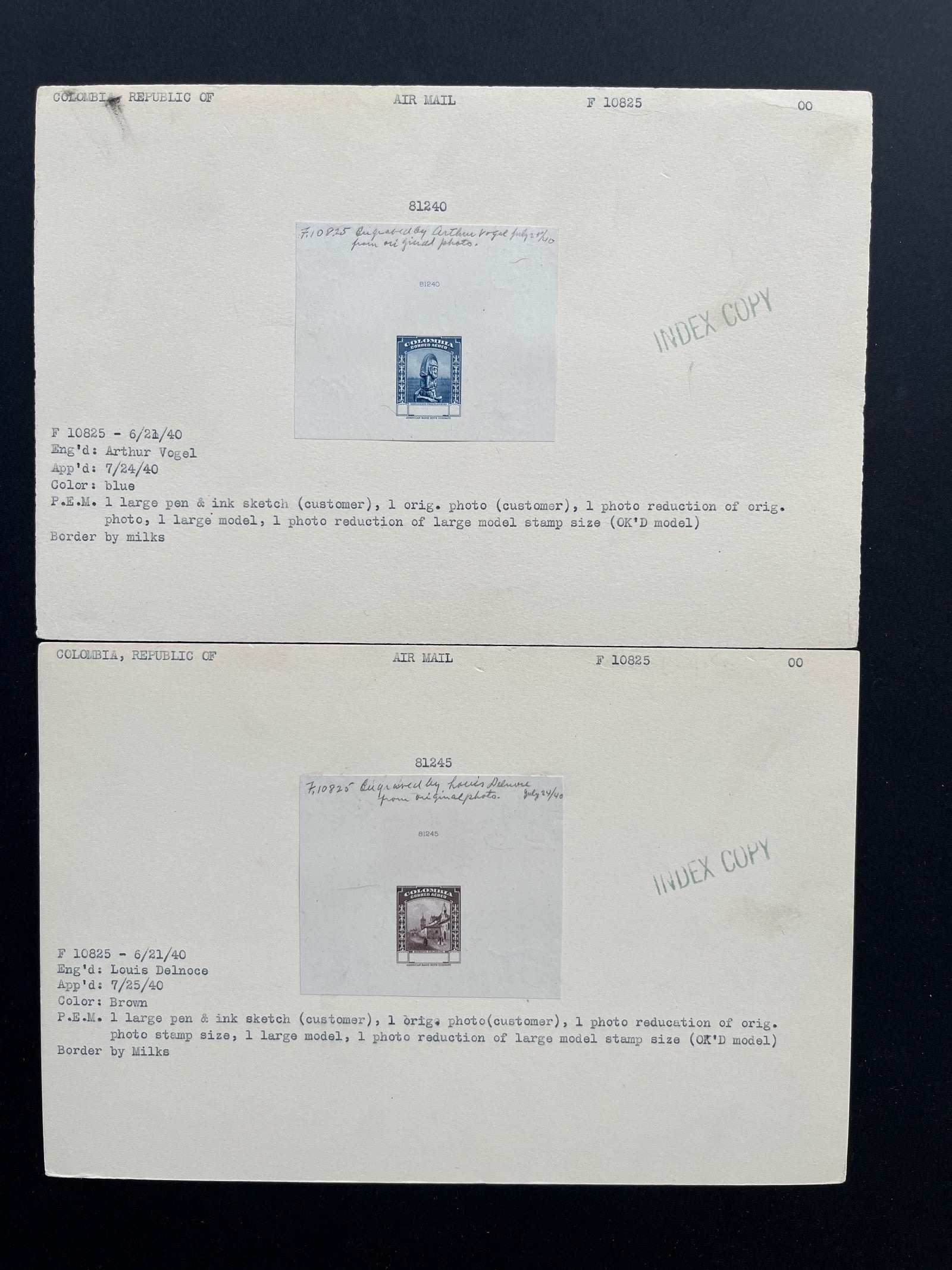 Colombia 1941 Airmail Complete Set of Index Copy Die Proofs x  13 + Progressive Die Proofs x 5. Scott C121-C133 var