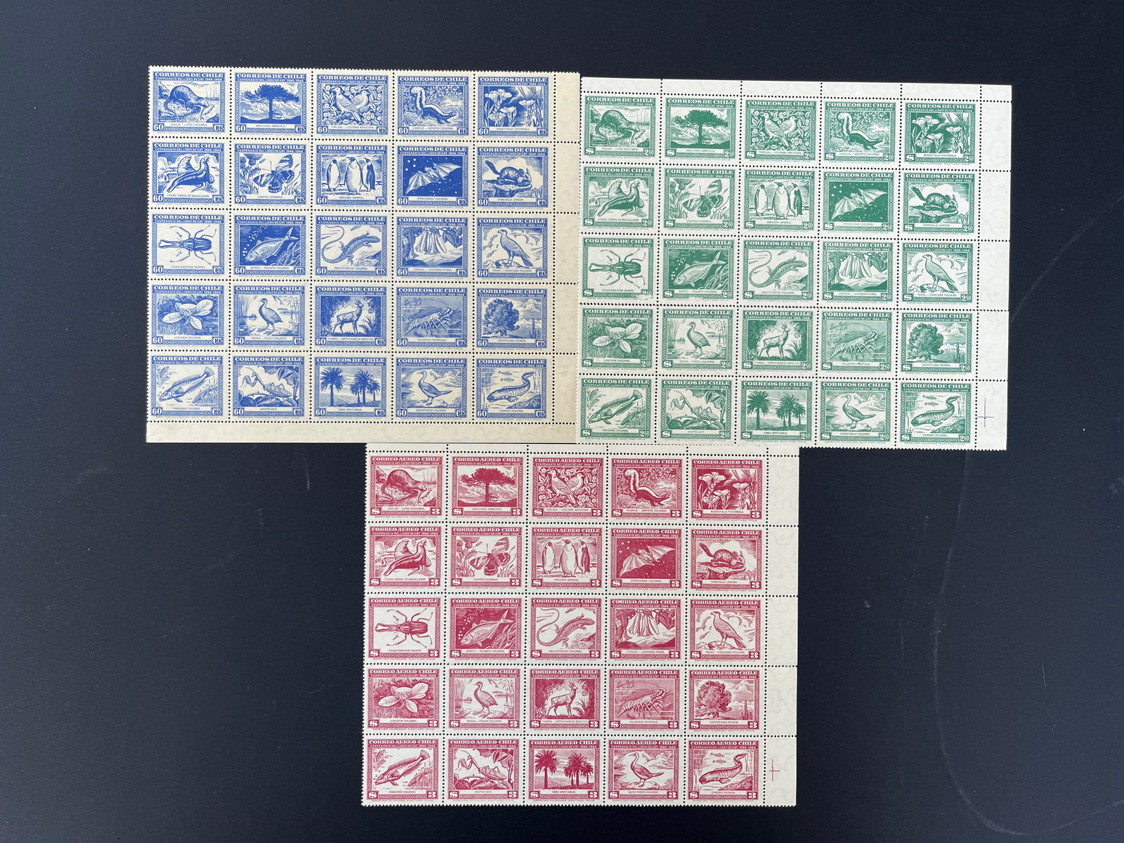 Chile 1948 Flora and Fauna Complete Set of Blocks x 25 MNH. Scott 254-255, C124