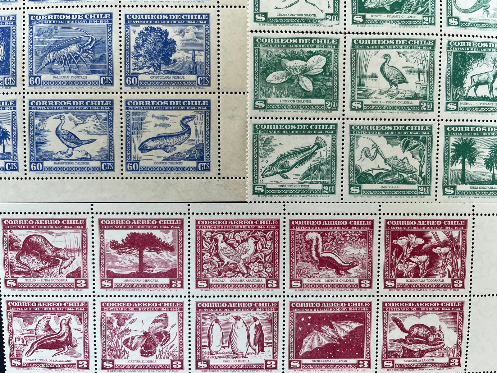 Chile 1948 Flora and Fauna Complete Set of Blocks x 25 MNH. Scott 254-255, C124