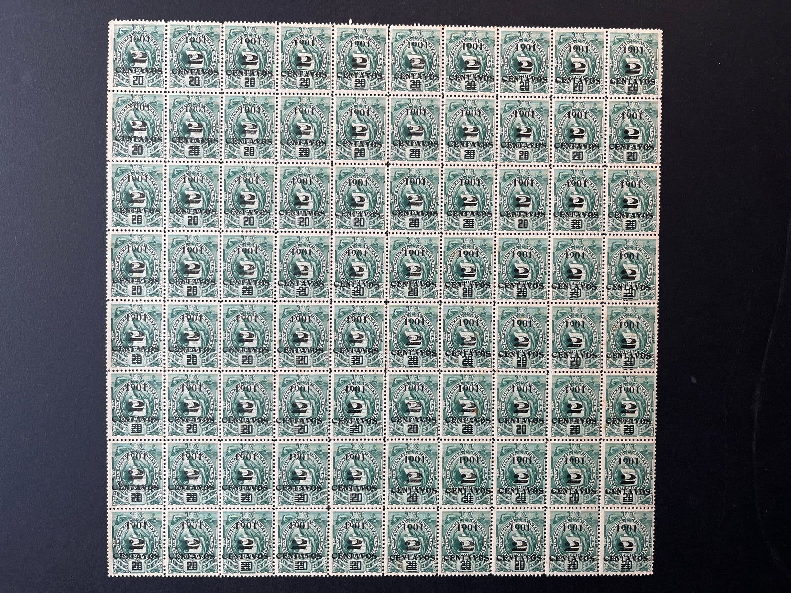 Guatemala 1901 2c on 20c Green Part Sheet x 80 MNH. Scott 109