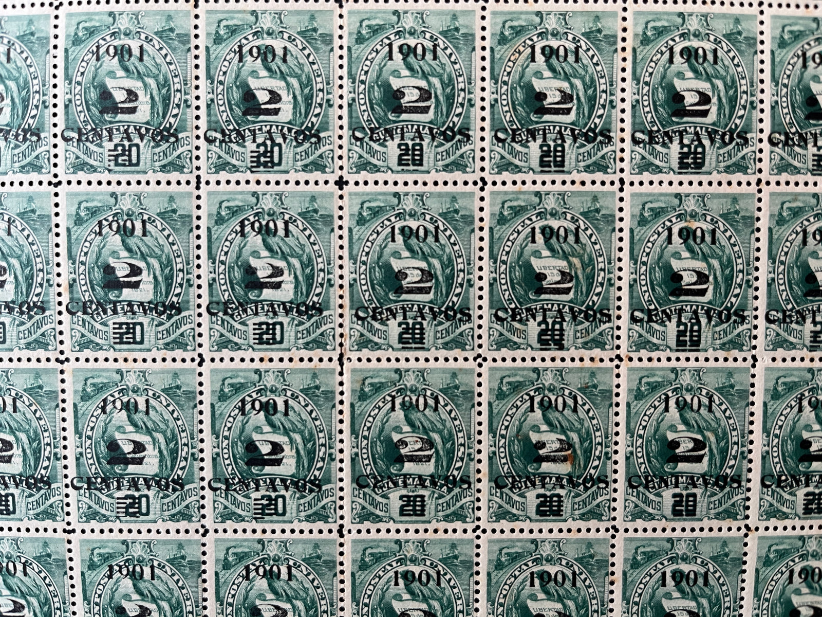 Guatemala 1901 2c on 20c Green Part Sheet x 80 MNH. Scott 109