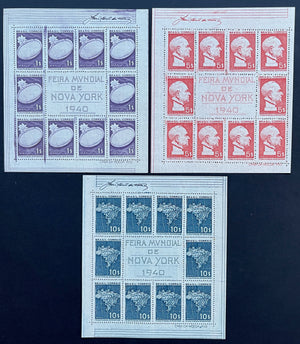 Brazil 1940 New York World's Fair Sheet of 10, Complete Set of Three Values. Scott 496-498