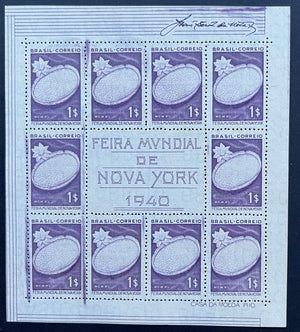 Brazil 1940 New York World's Fair Sheet of 10, Complete Set of Three Values. Scott 496-498