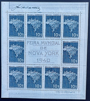 Brazil 1940 New York World's Fair Sheet of 10, Complete Set of Three Values. Scott 496-498