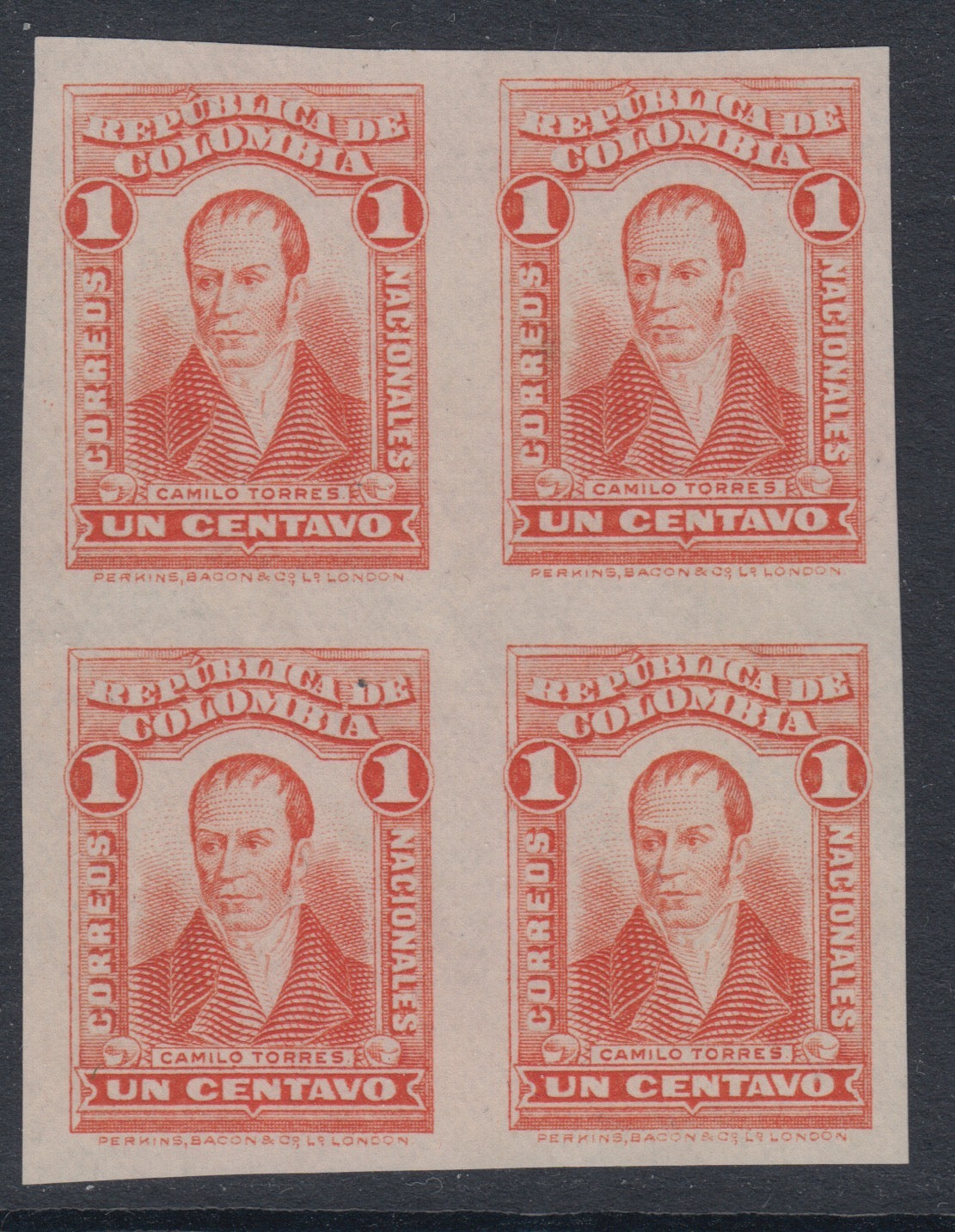 Colombia 1917 1c Orange Colour Trial Imperf Plate Proof Block. Scott 340 var