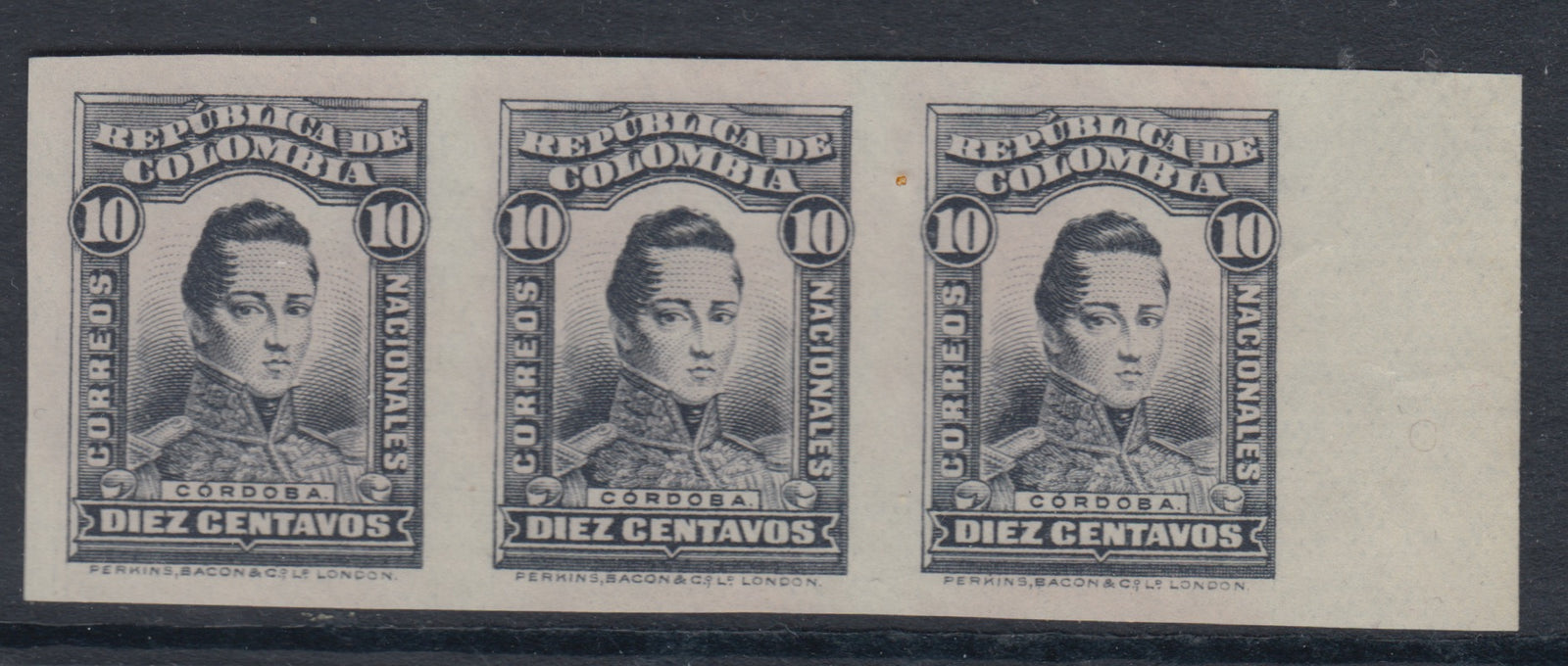 Colombia 1917 10c Grey Imperf Plate Proof Strip x 3. Scott 344 var