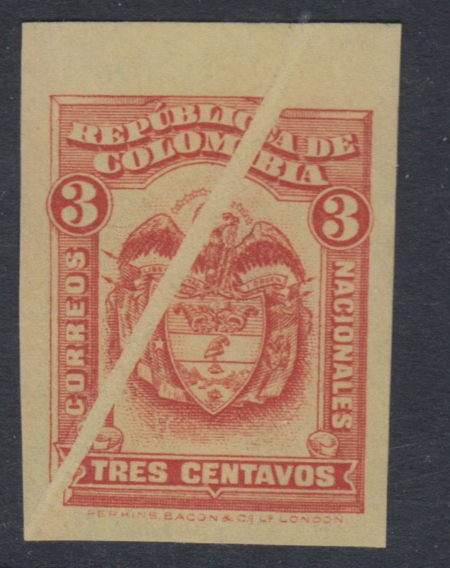 Colombia 1920 3c Red on Orange Imperf Plate Proof with Paper Fold Error. Scott 359 var