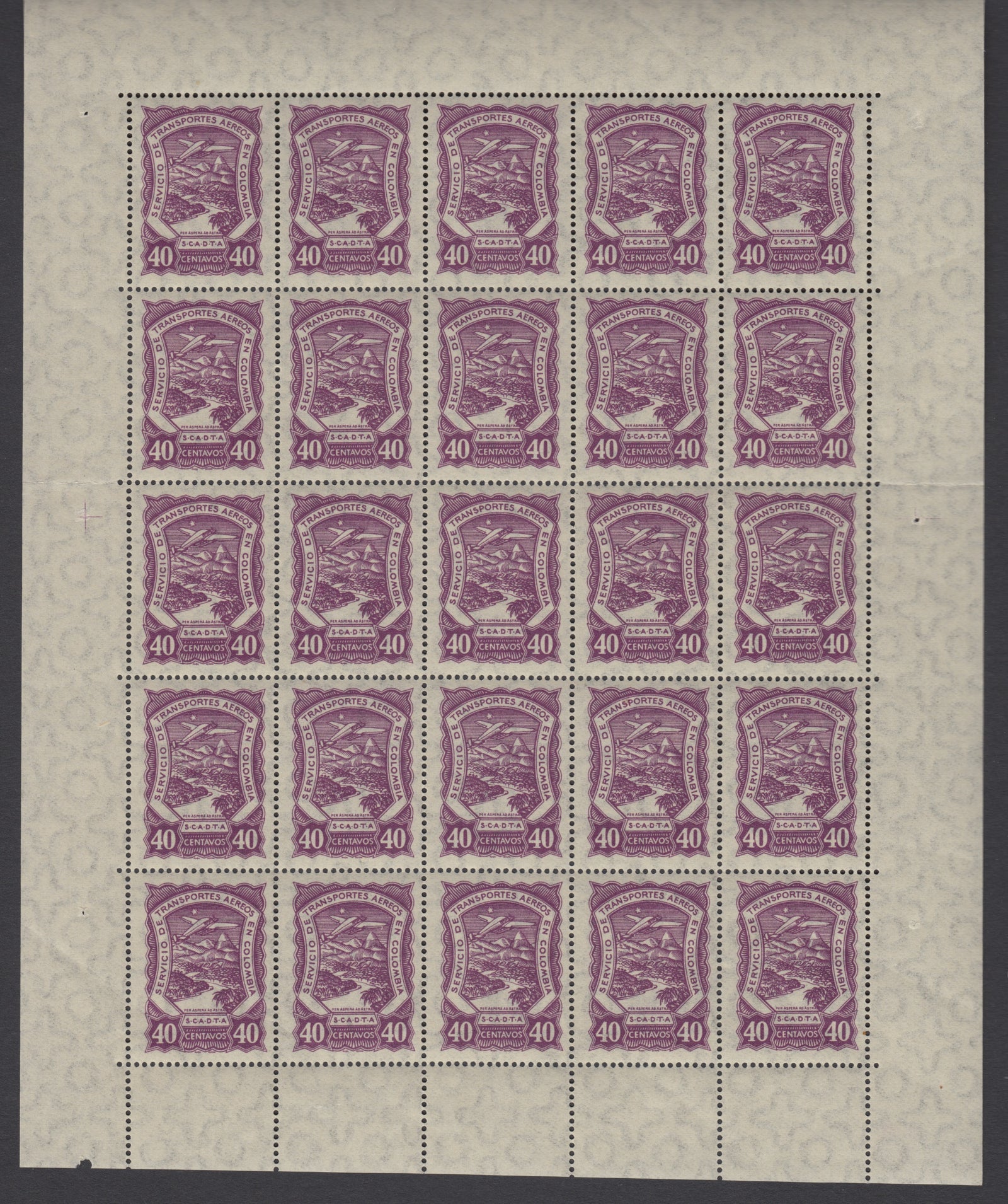 Colombia SCADTA 1928 40c Purple Complete Sheet of 25 MNH. Scott C43