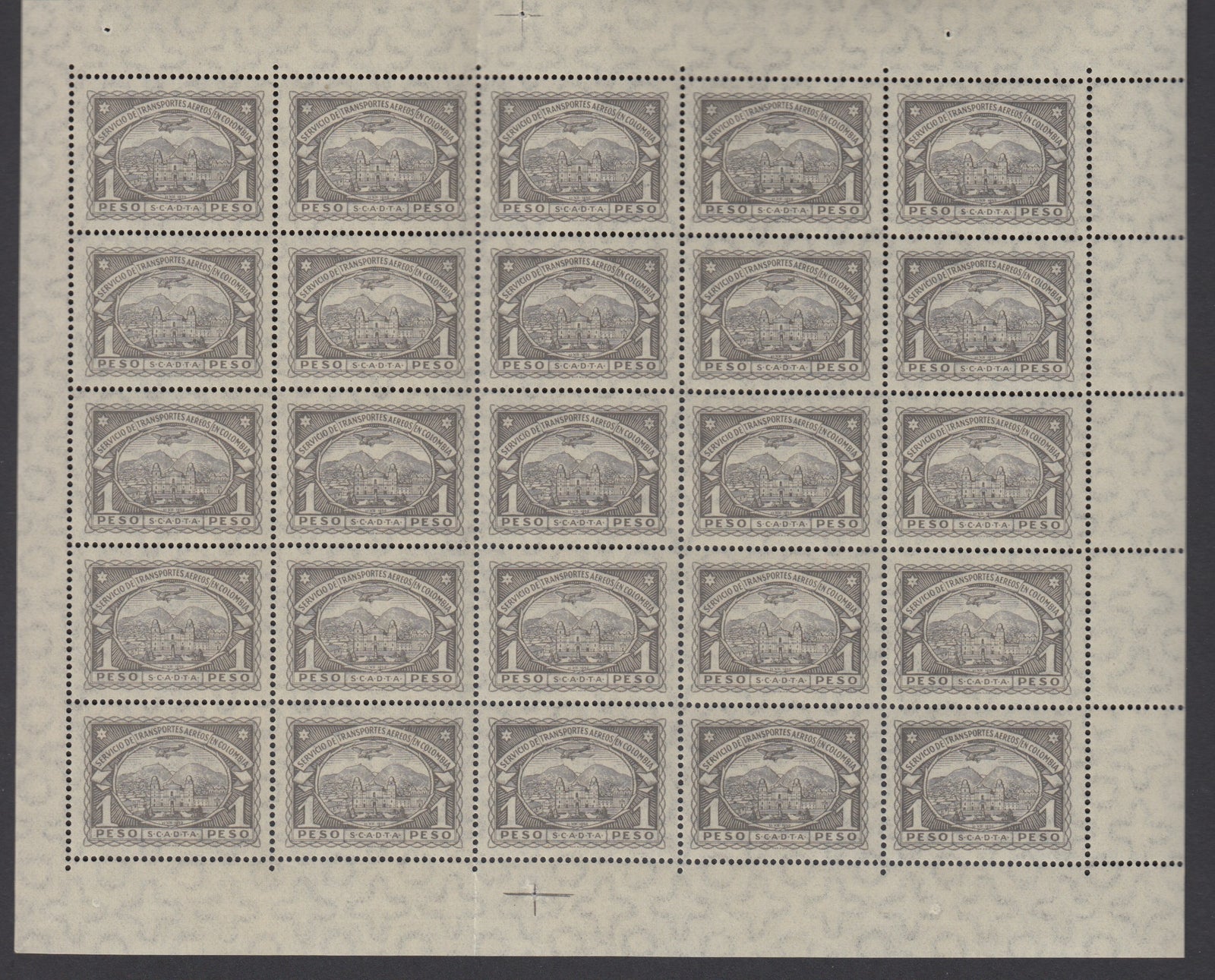 Colombia SCADTA 1923-28 1 Peso Grey Complete Sheet of 25 MNH. Scott C47