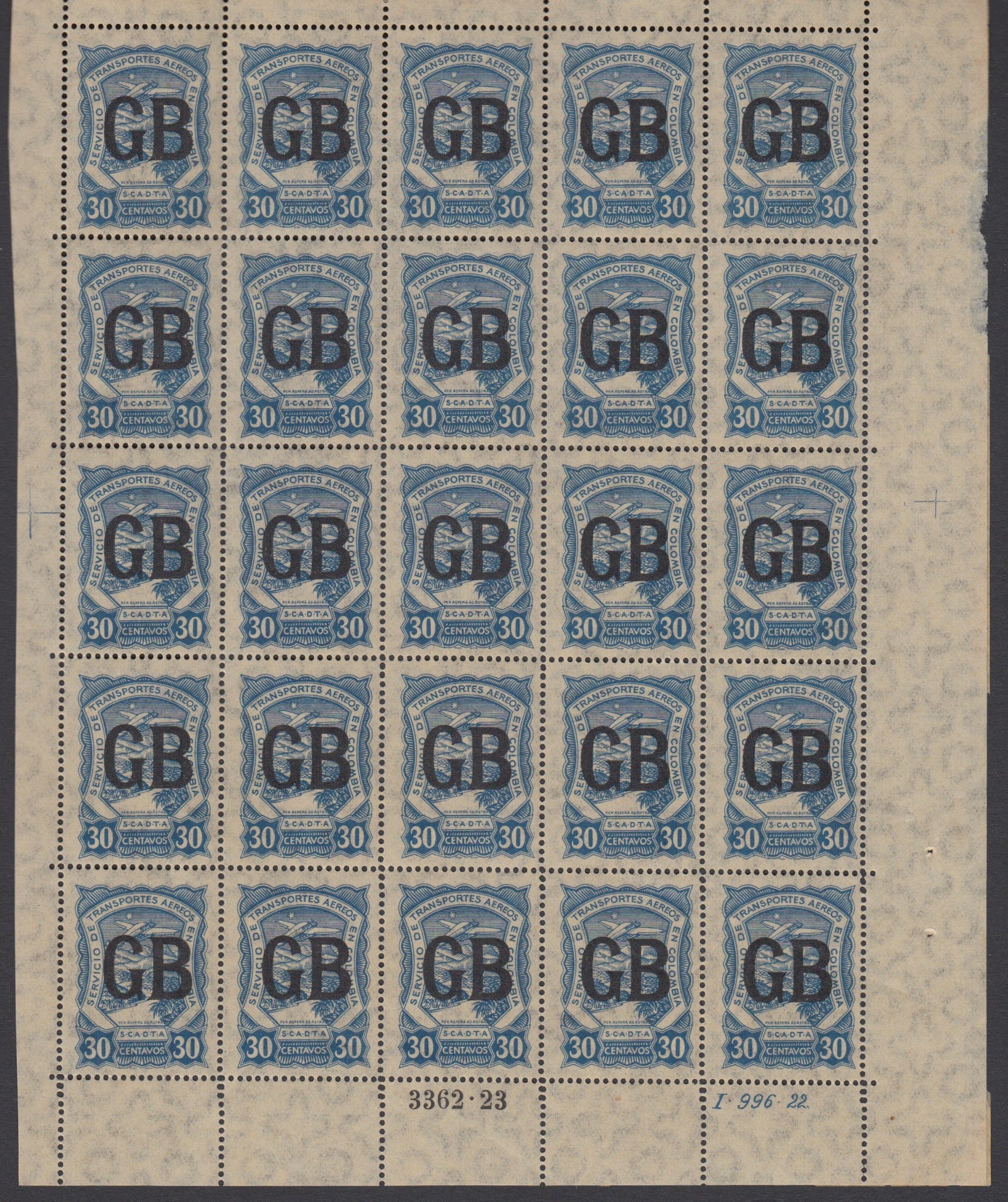 Colombia SCADTA 1923 30c Blue Great Britain Overprint Complete Sheet of 25 MNH. Scott CLGB55