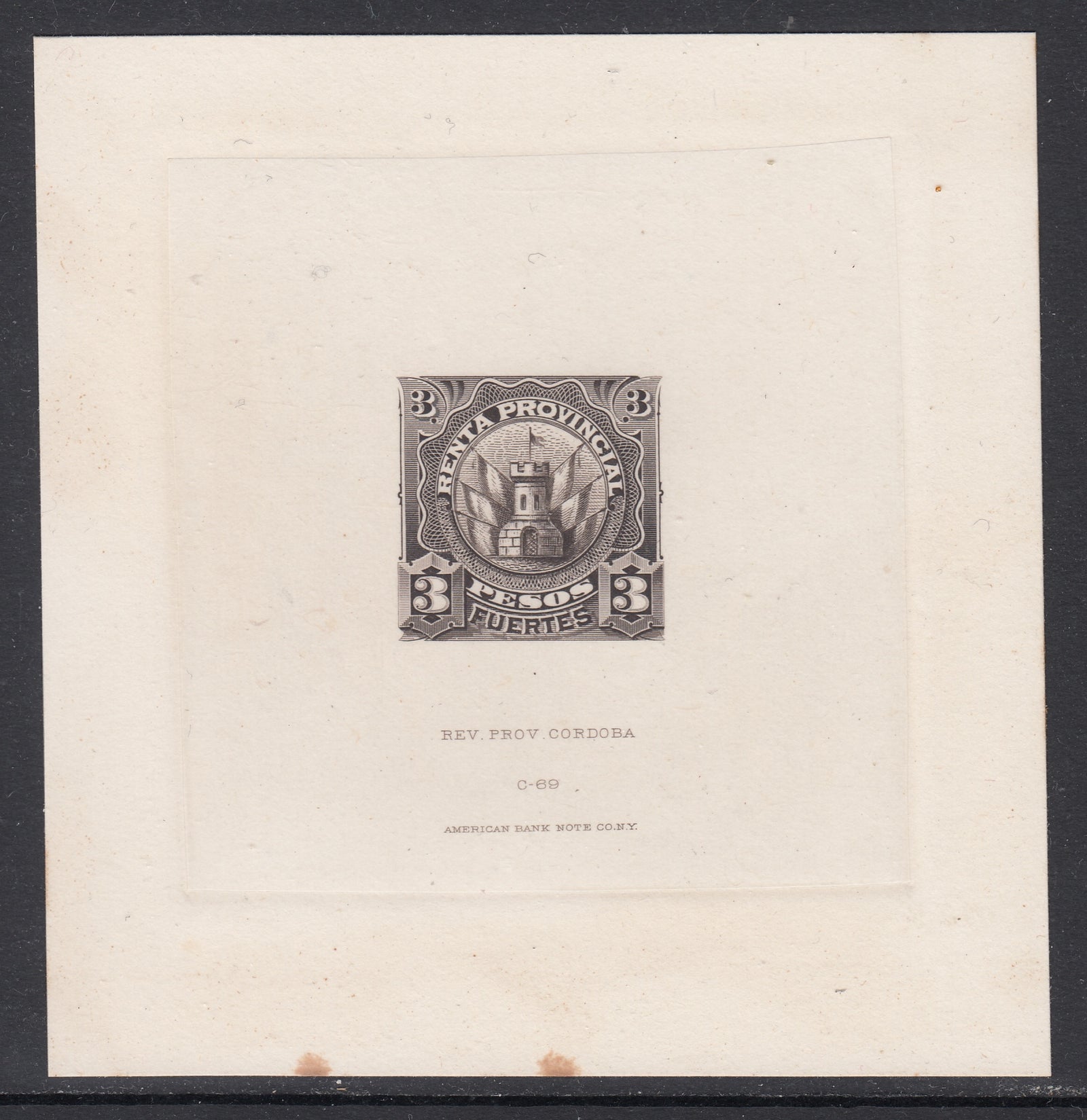 Argentina Cordoba 1888 3 Pesos Fuertes Renta Provincial Revenue Die Proof. Forbin 13