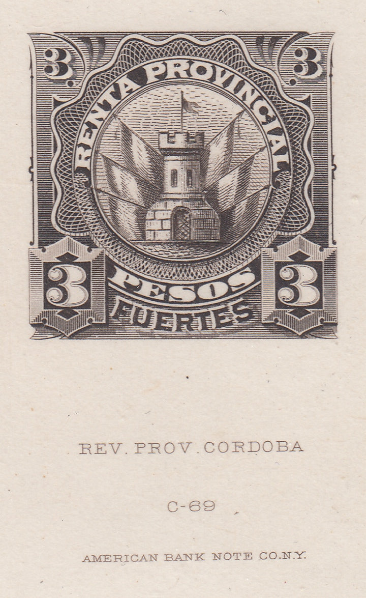 Argentina Cordoba 1888 3 Pesos Fuertes Renta Provincial Revenue Die Proof. Forbin 13