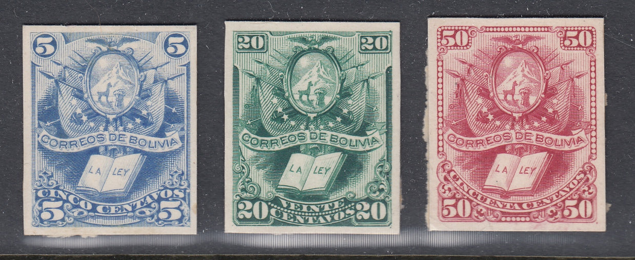 Bolivia 1878 "Arms & The Law" Plate Proofs x 3. Scott 20, 22, 23 var