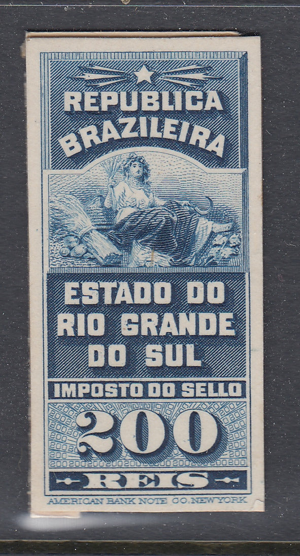 Brazil 1898 Rio Grande Do Sul 200r Blue Postal Tax Plate Proof. Barata 15