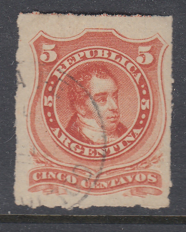 Argentina 1876-77 5c Vermilion Rouletted Used. Scott 33