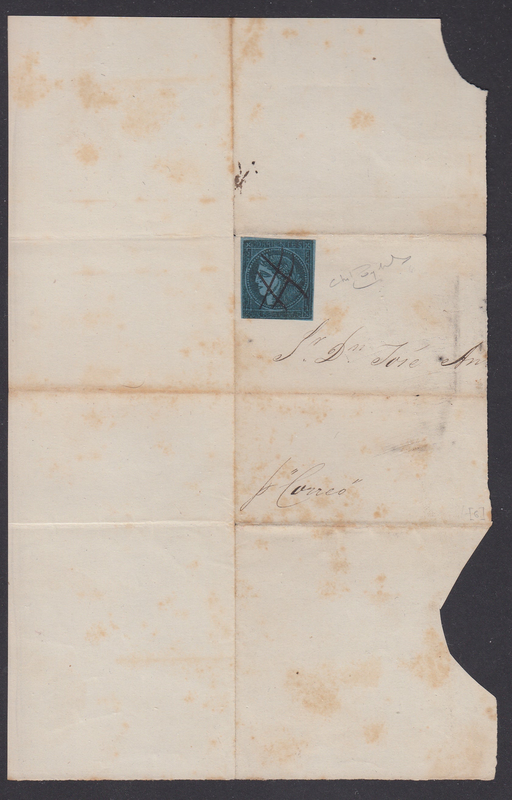 Argentina Corrientes 1856 1r Black on Blue, Type 5 Used on Partial Folded Letter. Scott 1