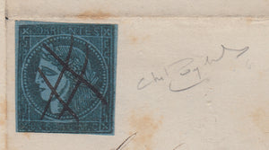 Argentina Corrientes 1856 1r Black on Blue, Type 5 Used on Partial Folded Letter. Scott 1