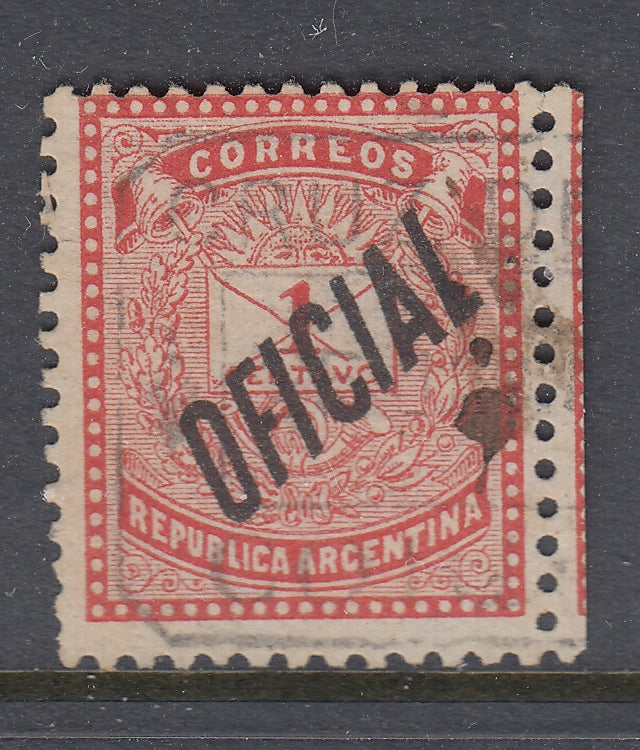 Argentina 1884-87 1c Red Typo. Perf. 12.25 Used. Scott O2b