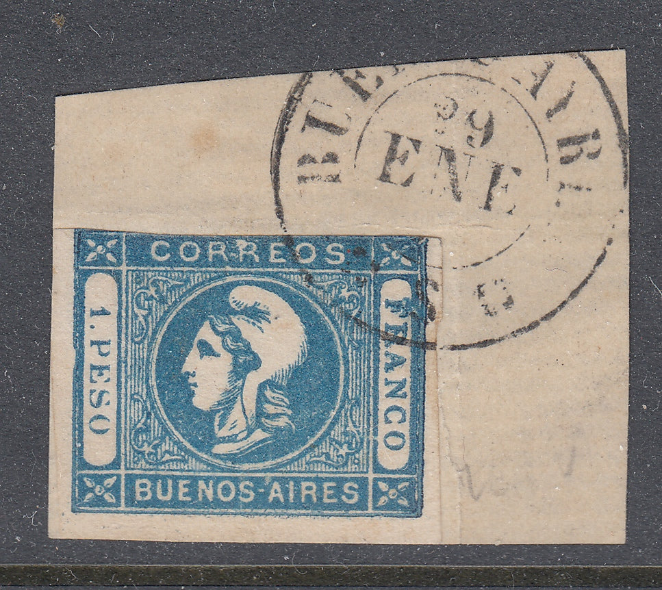 Argentina Buenos Aires 1859 1p Blue Cabecitas on Piece Used. Scott 10