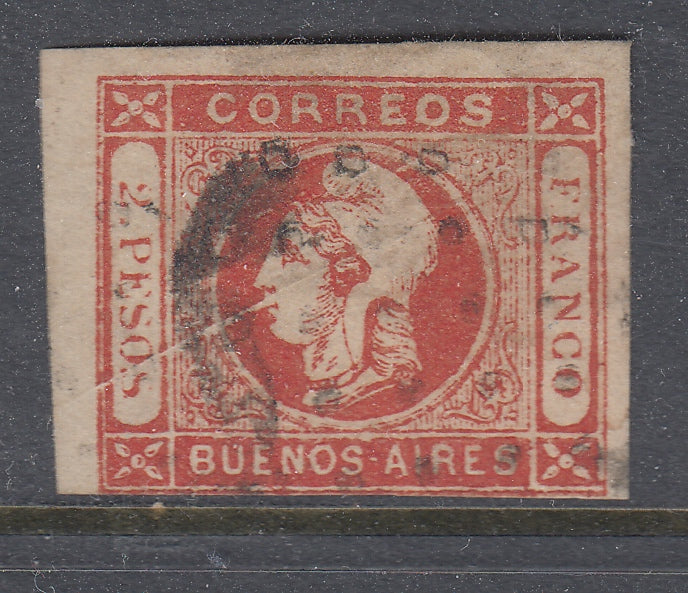 Argentina Buenos Aires 1859 2p Vermilion Cabecitas Paper Fold Used. Scott 11