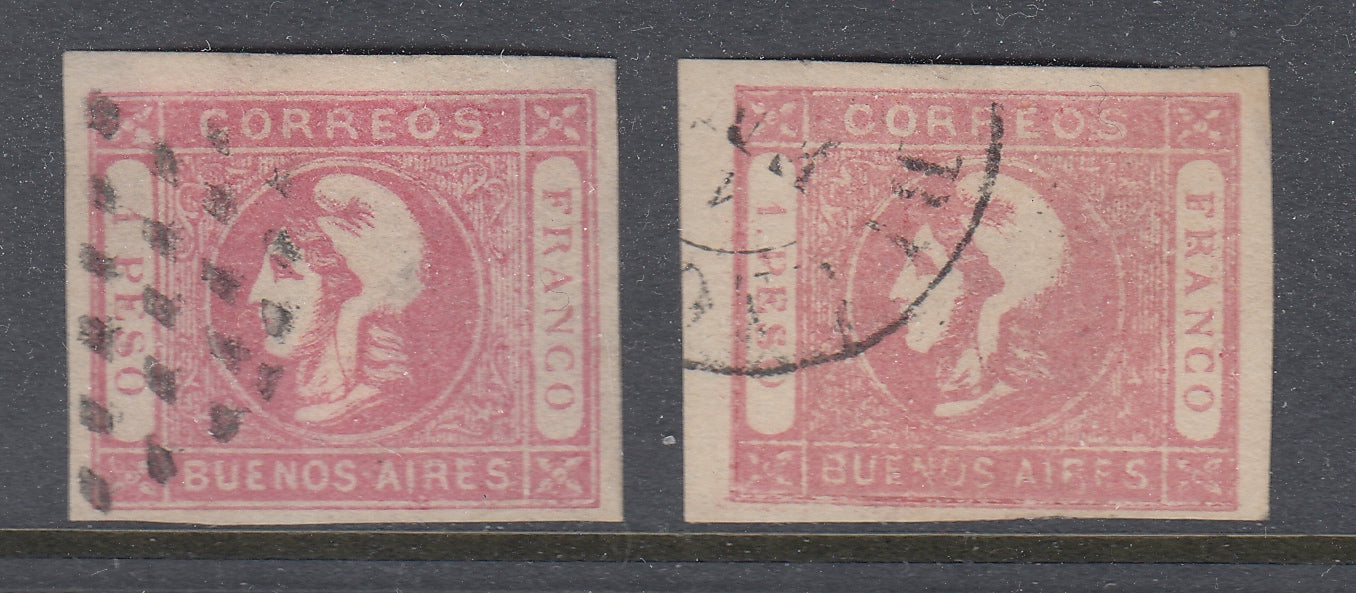 Argentina Buenos Aires 1862 1p Rose Used x 2, Fine & Blurred Impressions. Scott 12