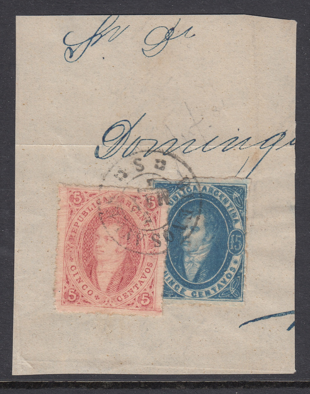 Argentina 1864-67 15c Blue & 5c Brick Red Rivadavia On Piece, tied with Buenos Aires CDS. Scott 13d & 11d