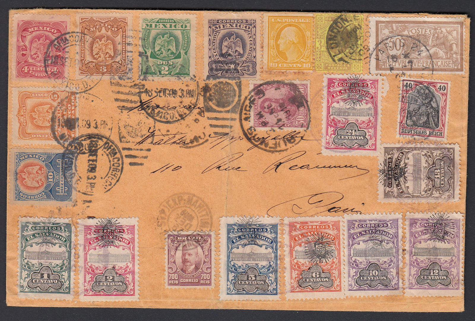 Round The World 1909 Cover. Eight countries including Argentina, Brazil, El Salvador & Mexico