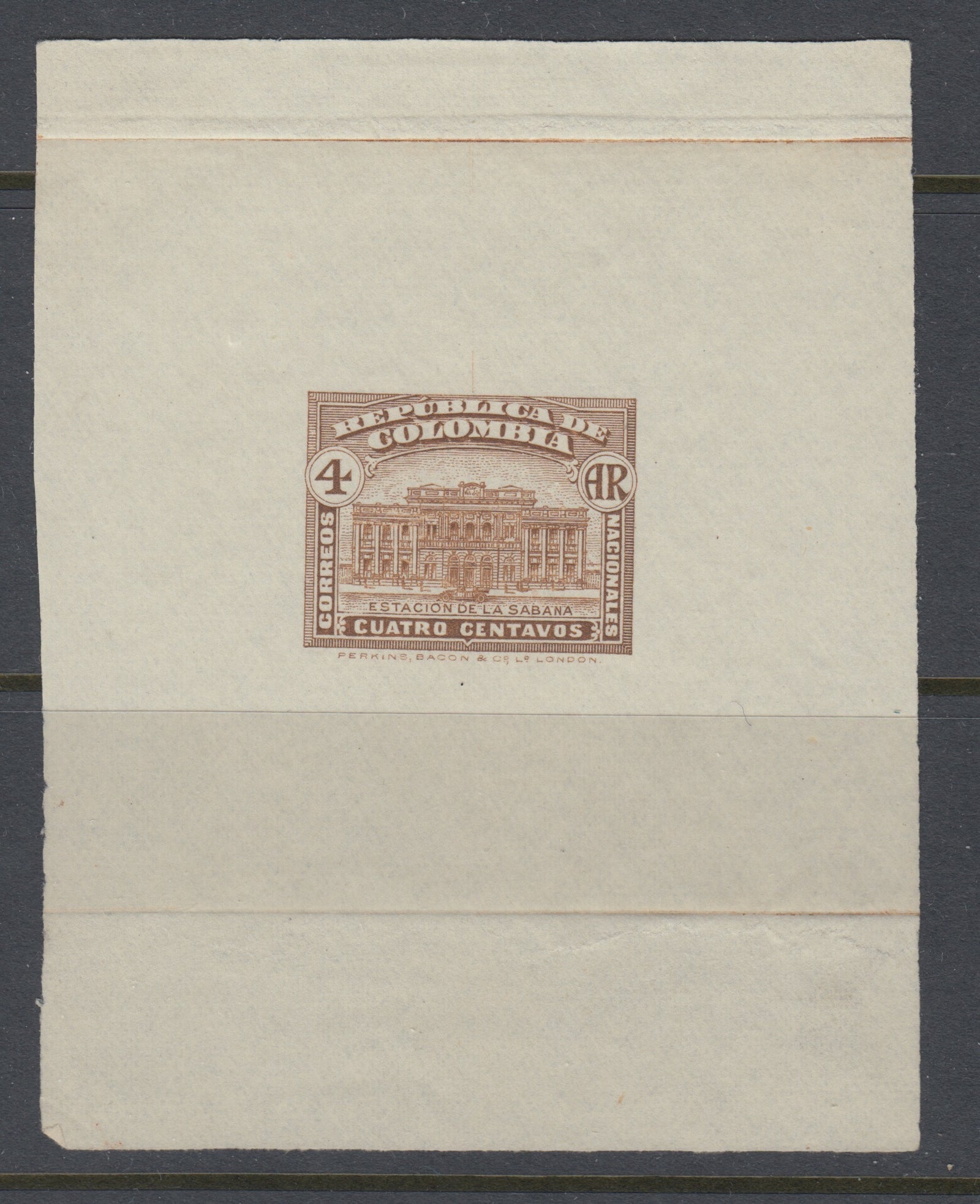 Colombia 1917 4c Brown Acknowledgement of Receipt Sabena Station Die Proof. Scott H18 var