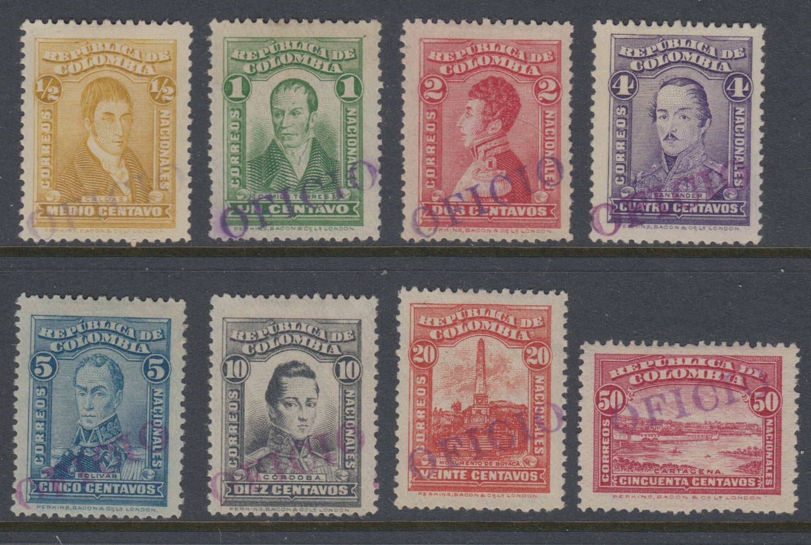 Colombia 1917 OFICIO (Specimen) Handstamped Short Set to 50c MNG. Scott 339-346 var