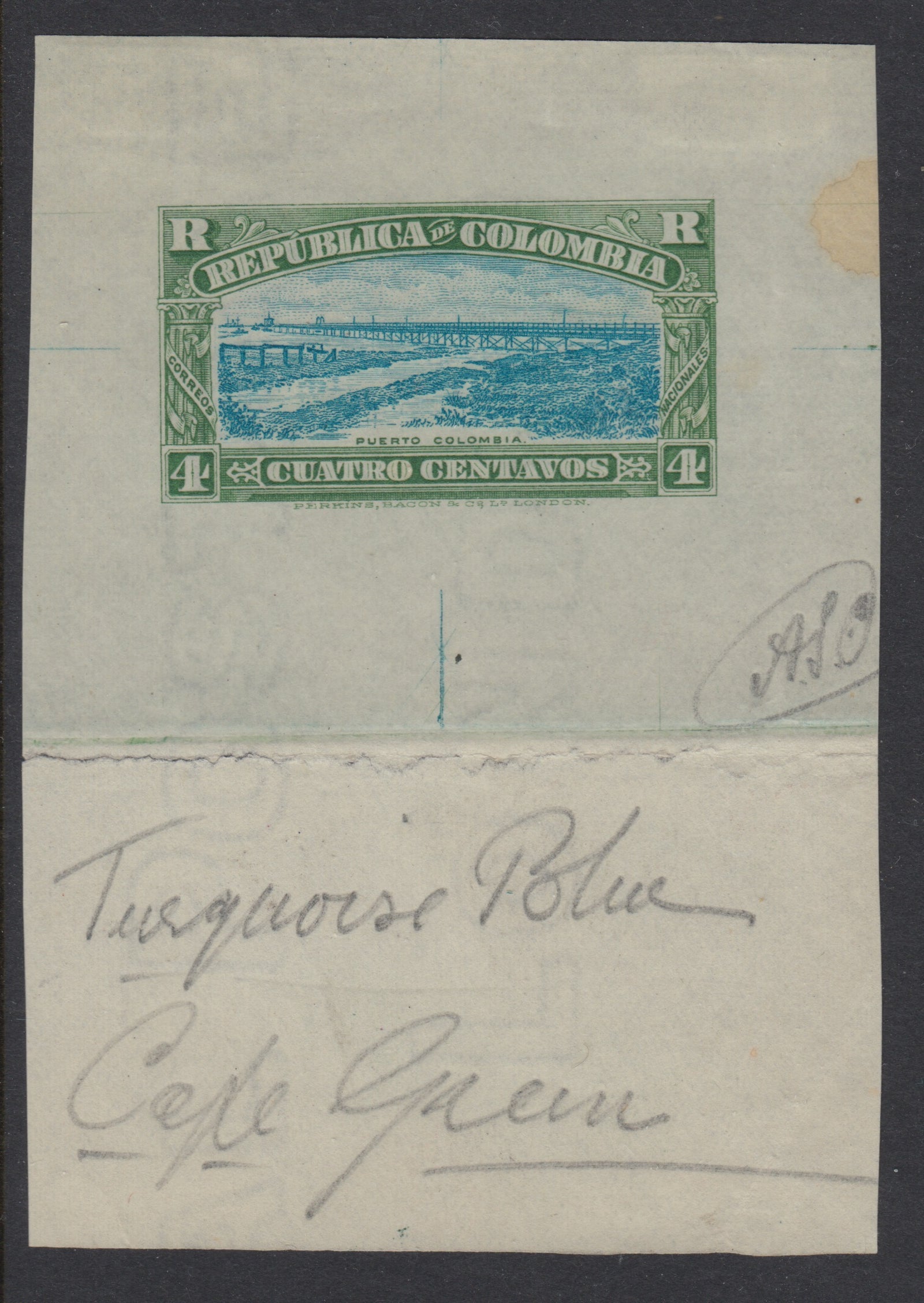 Colombia 1917 4c Green & Ultramarine Registration Perkins Bacon Die Proof, Signed. Scott F23 var