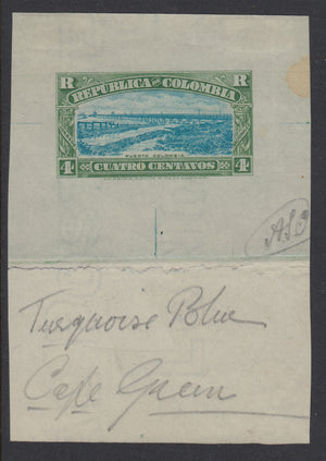 Colombia 1917 4c Green & Ultramarine Registration Perkins Bacon Die Proof, Signed. Scott F23 var