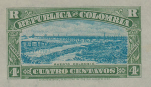 Colombia 1917 4c Green & Ultramarine Registration Perkins Bacon Die Proof, Signed. Scott F23 var