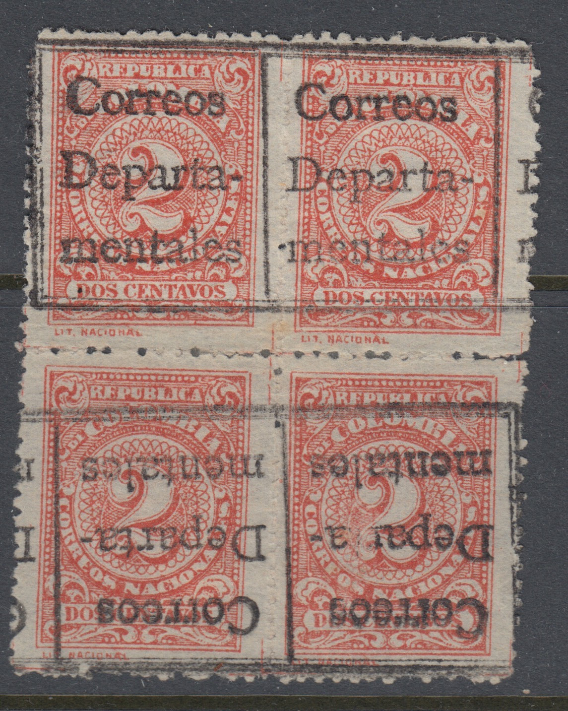 Colombia 1909 2c Red 'Lit Nacional' Department Overprint Tete-Beche Block M Mint. Scott L11