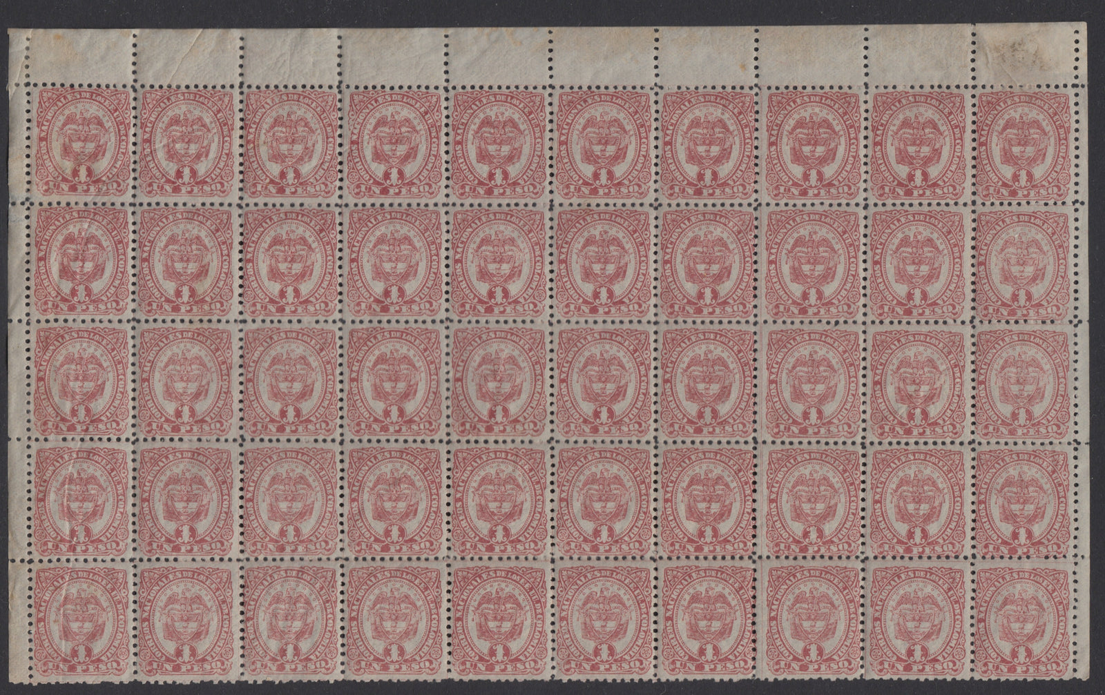Colombia 1883 1 Peso Claret Half Sheet x 50 MNH. Scott 123
