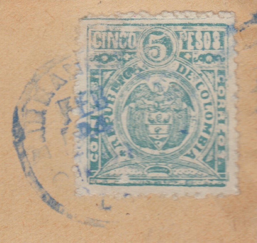 Colombia 1904 Barranquilla to USA Cover, franked with 5 Peso Blue Green Perf. 12
