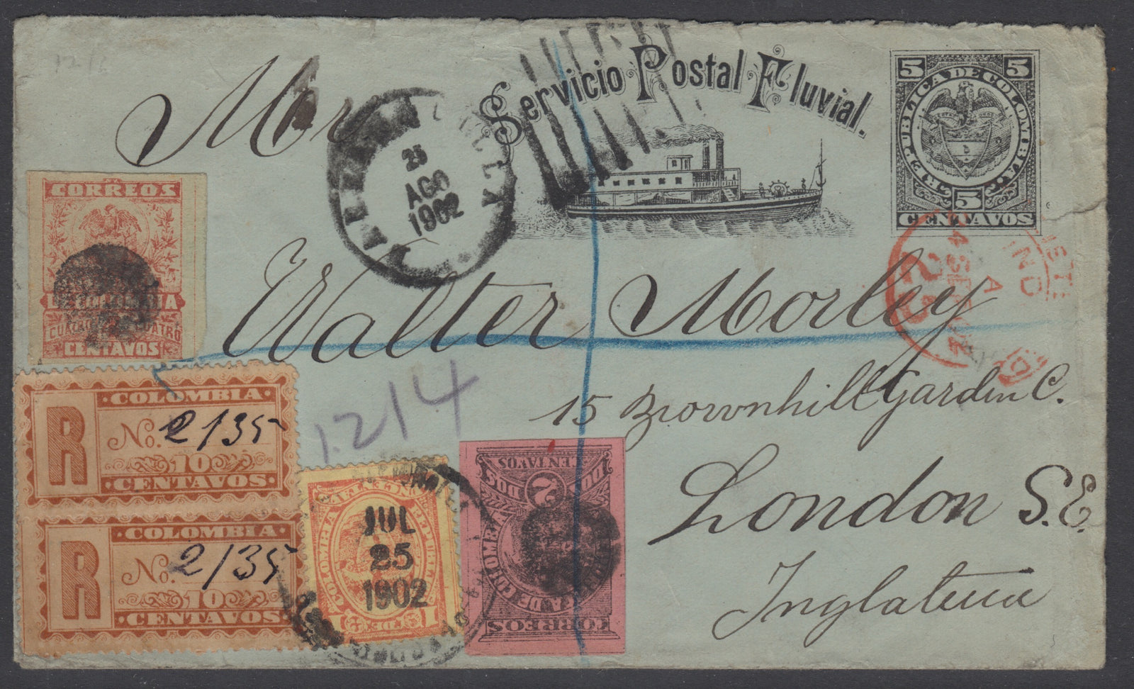 Colombia 1902 Servicio Postal Fluvial Registered Cover to London