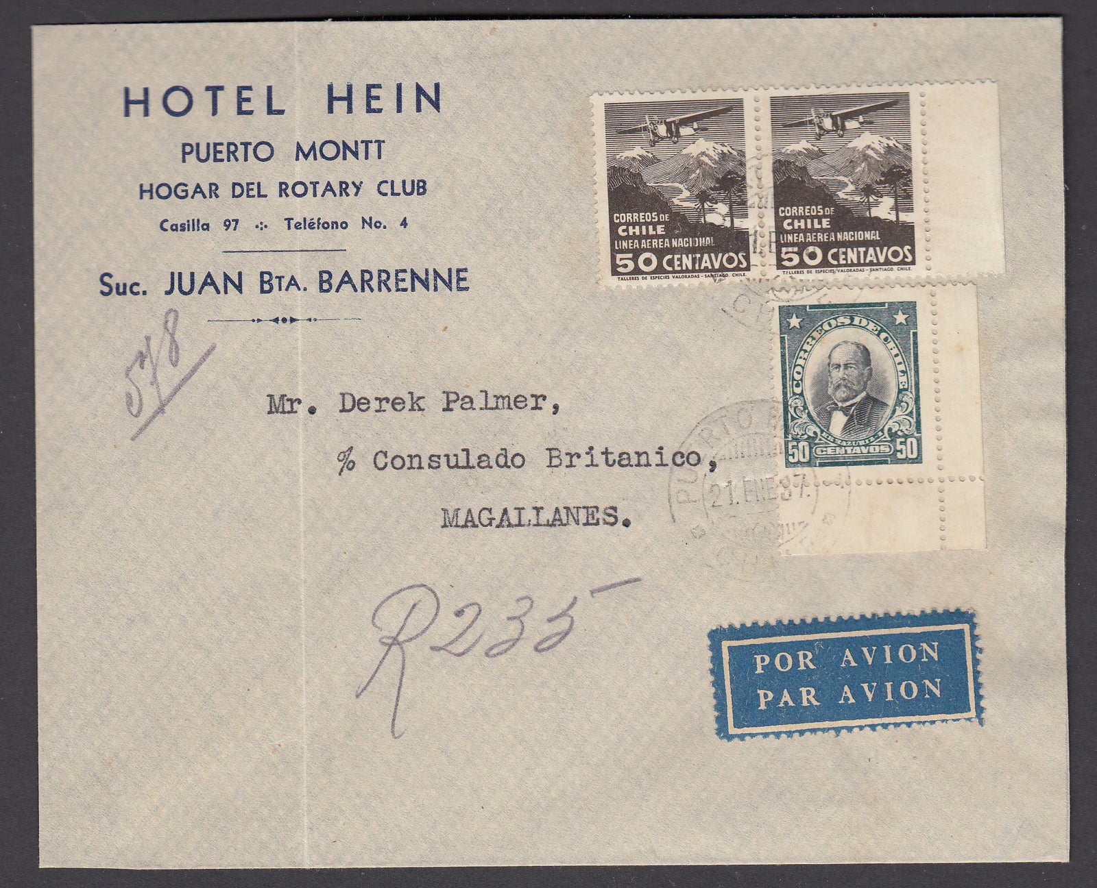 Chile 1937 First Flight Cover from Puerto Montt to Magallanes + Receipt