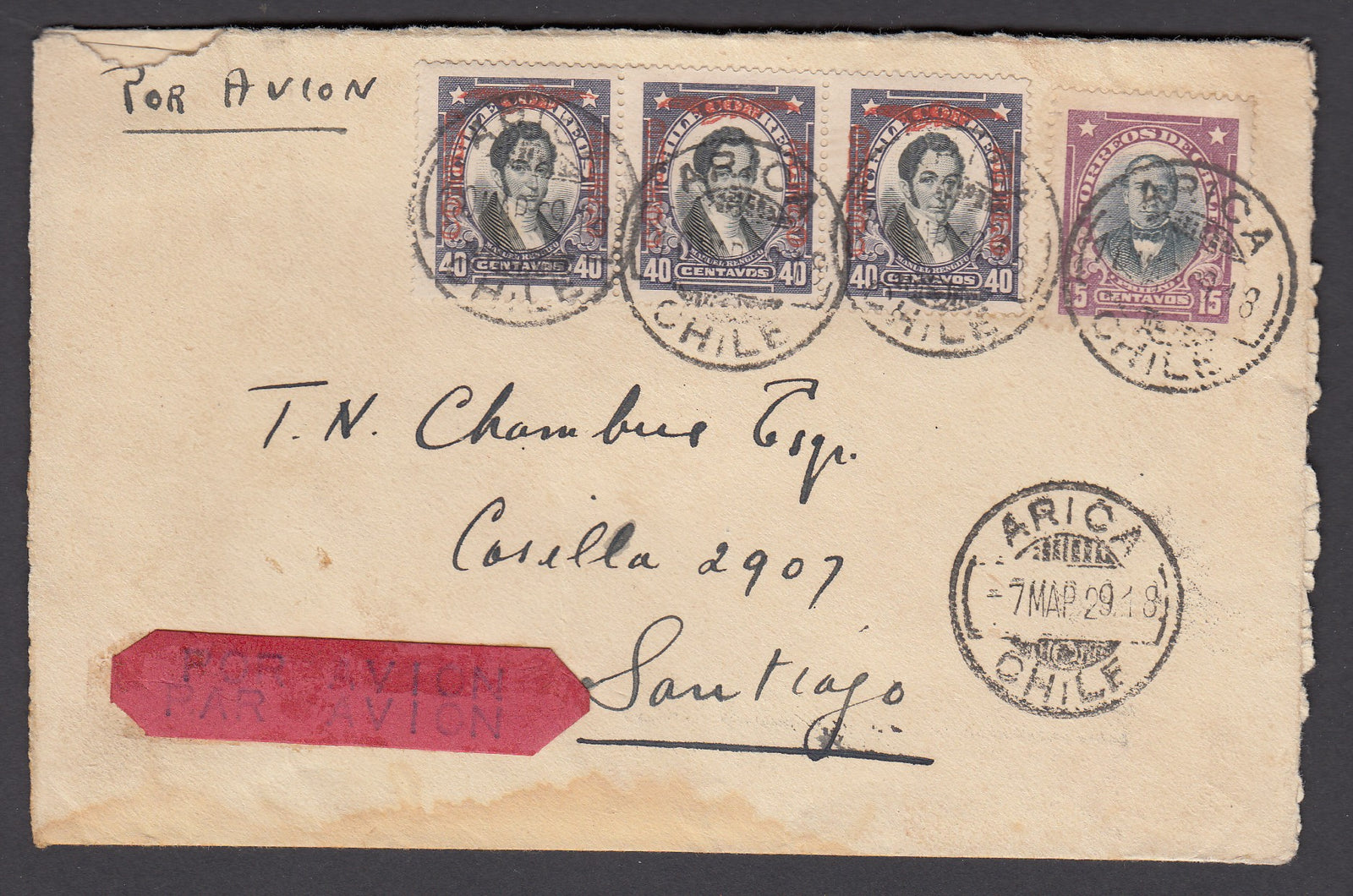 Chile 1929 Arica to Santiago First Return Flight Cover, Crash Mail