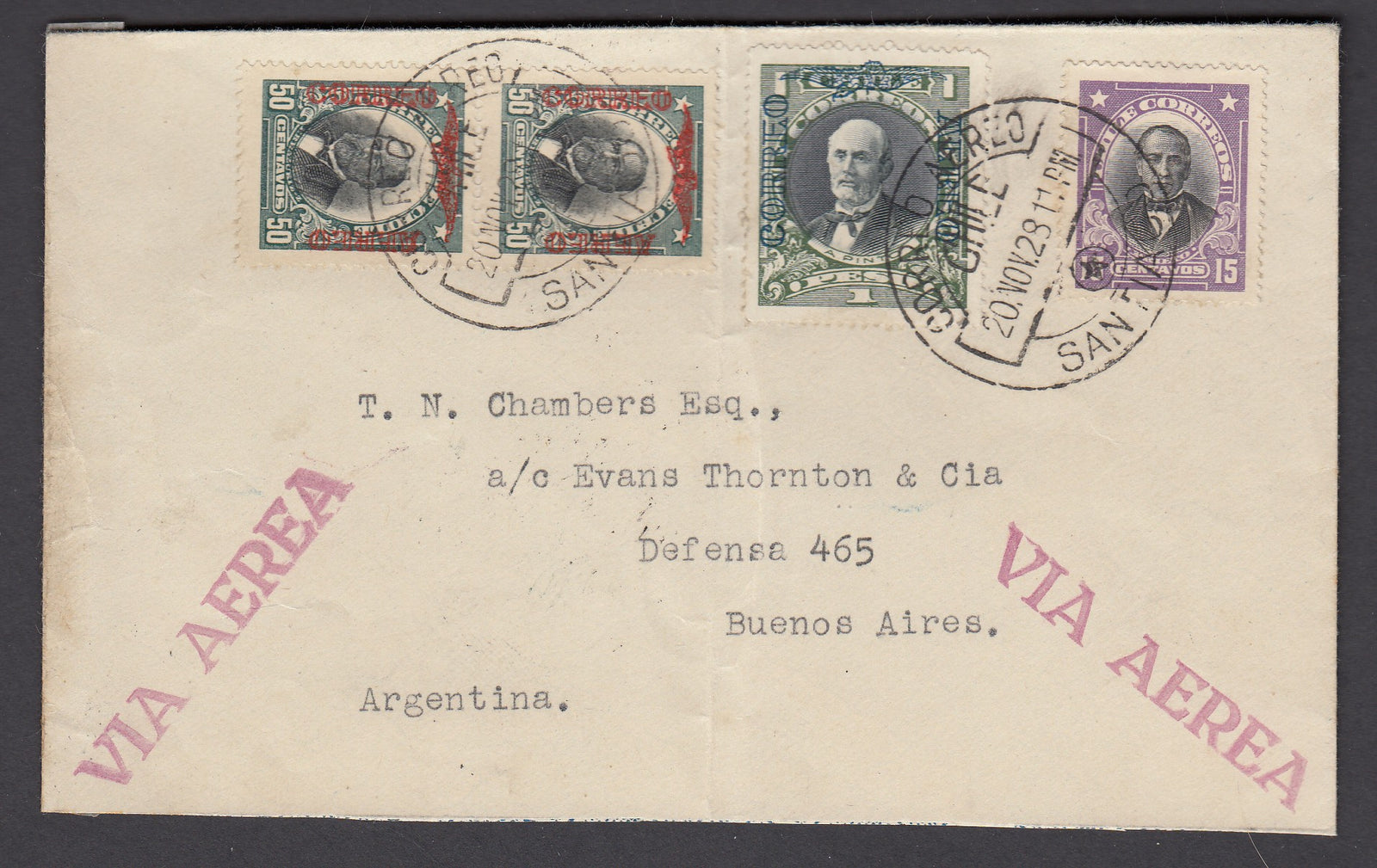 Chile 1928 First Flight Mermoz Cover, Santiago to Buernos Aires