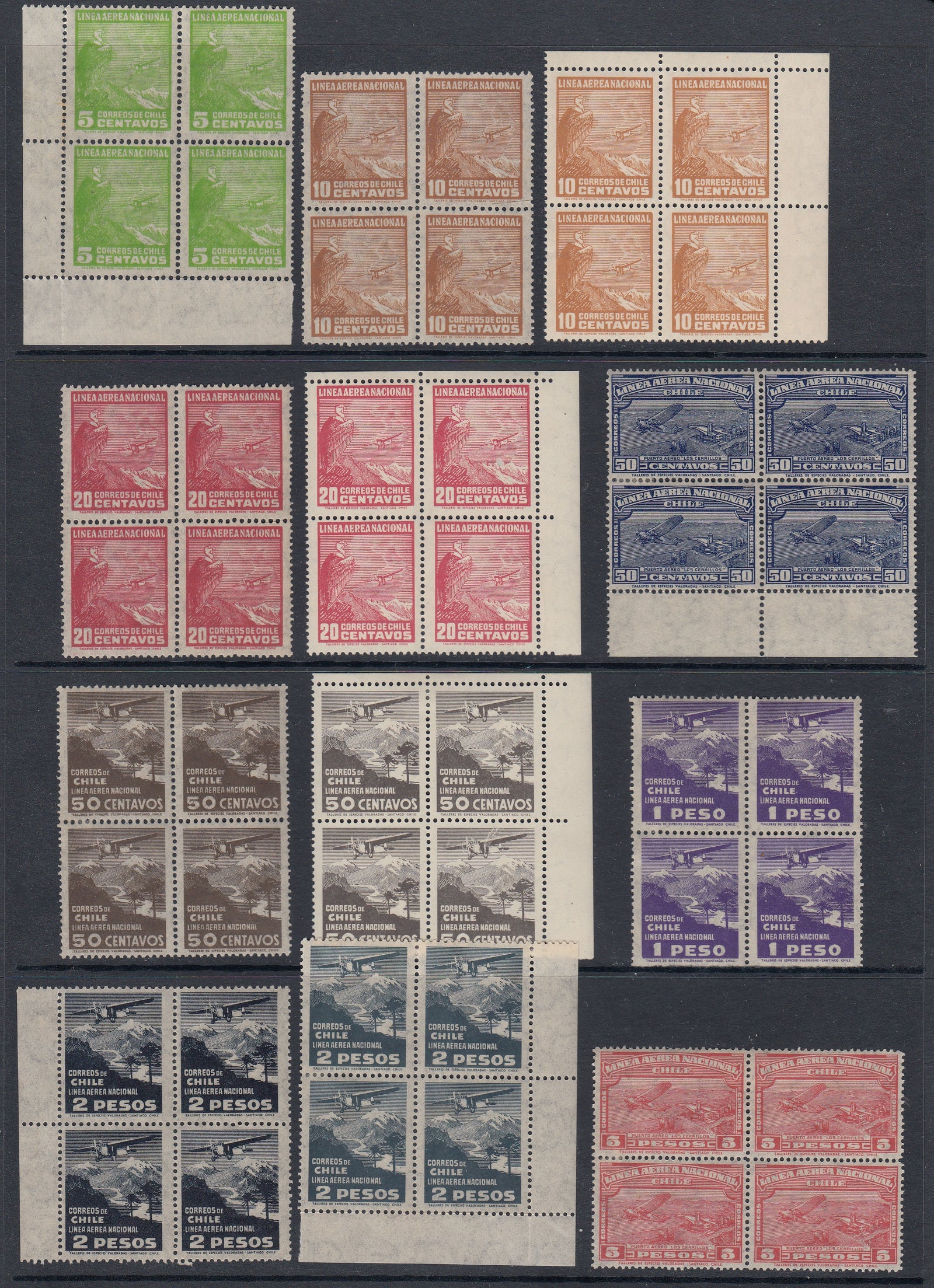 Chile 1931 Airpost Complete Set in Blocks Plus Shades MNH. Scott C22-C29 + C28a