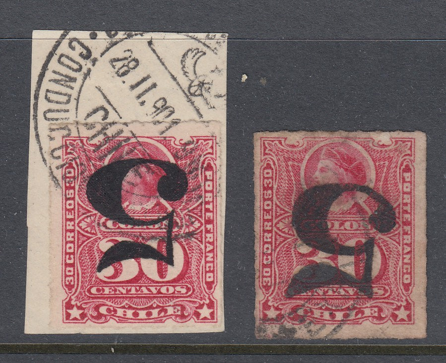 Chile 1900 5c on 30c Inverted Surcharge on Piece Used + Forgery. Scott 50a