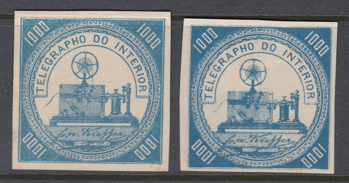 Brazil 1871 1000r Light Blue and Blue Telegraph MNG. RHM T-6 & T-6a