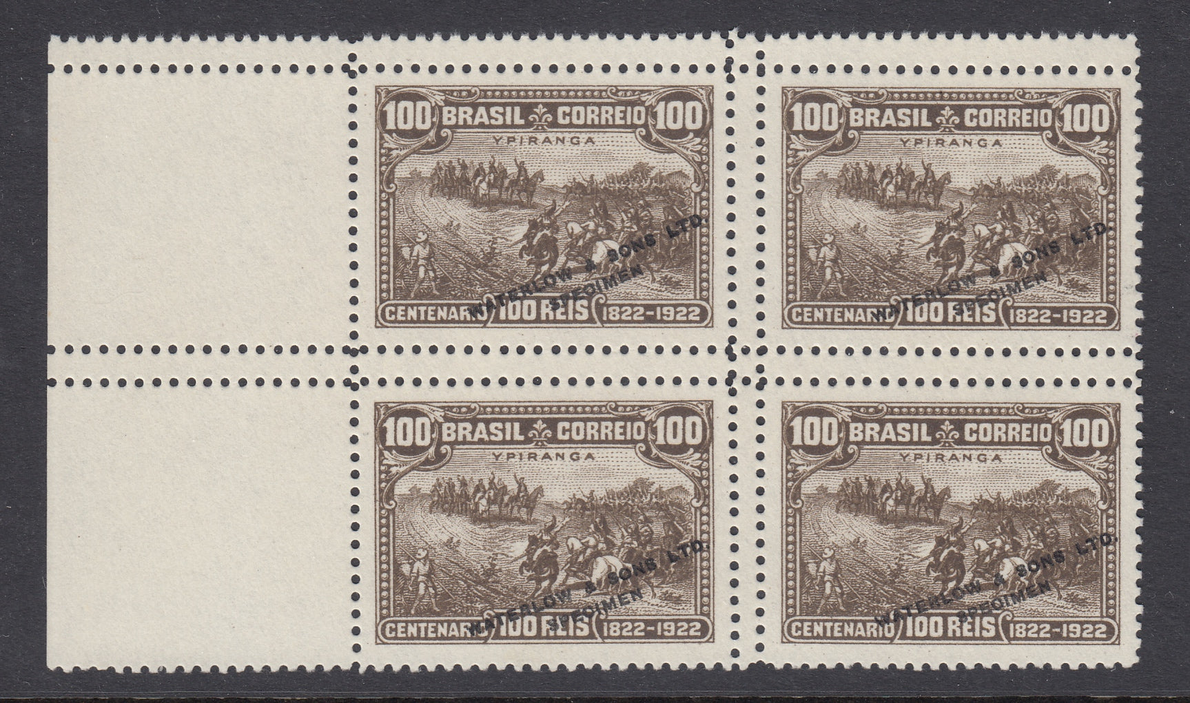 Brazil 1922 100r Sepia Centenary Waterlow Specimen Colour Trial Specimen Block. Scott 260 var