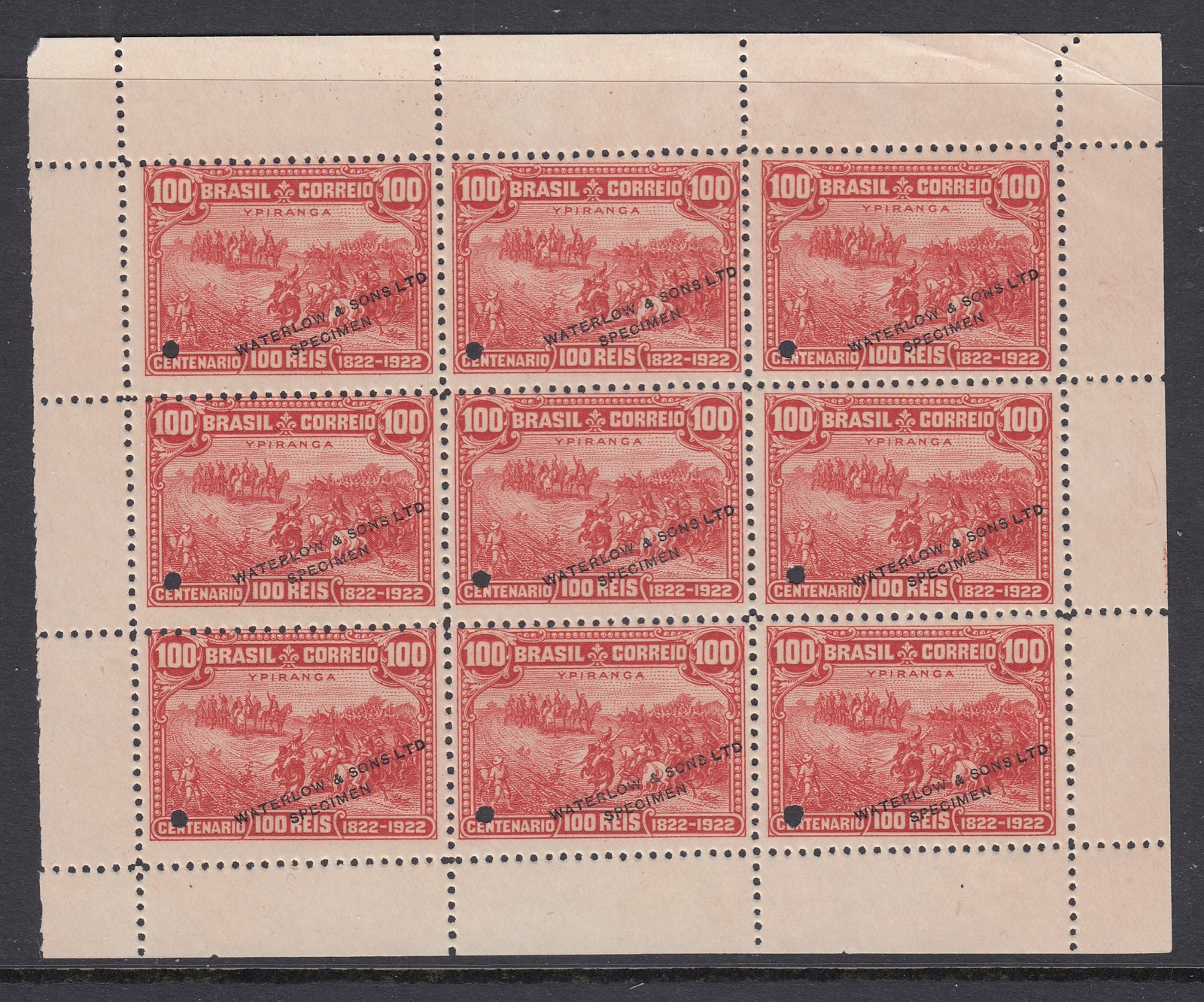 Brazil 1922 100r Red Brown Centenary Waterlow Specimen Colour Trial Miniature Sheet. Scott 260 var