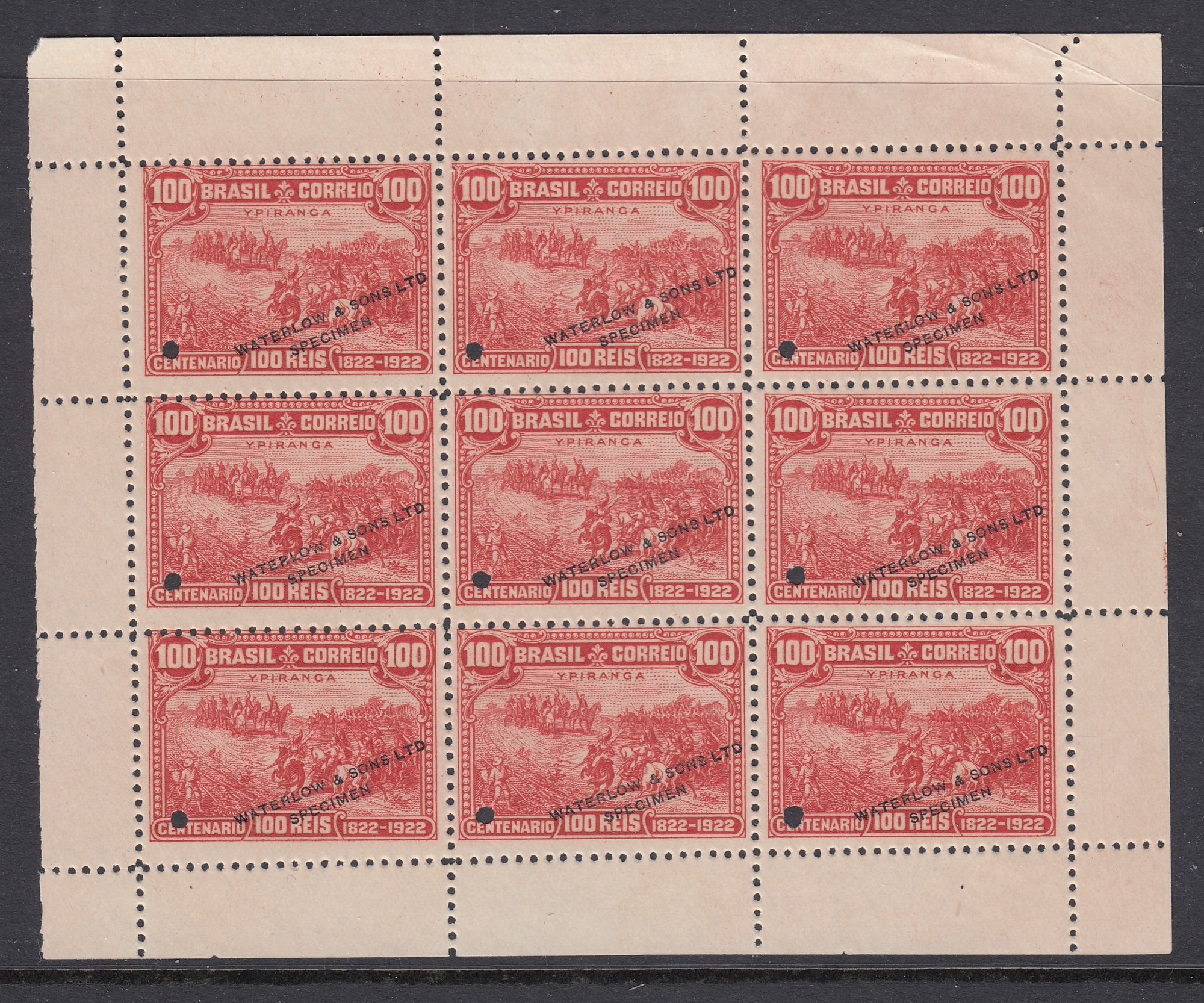 Brazil 1922 100r Red Brown Centenary Waterlow Specimen Colour Trial Miniature Sheet. Scott 260 var